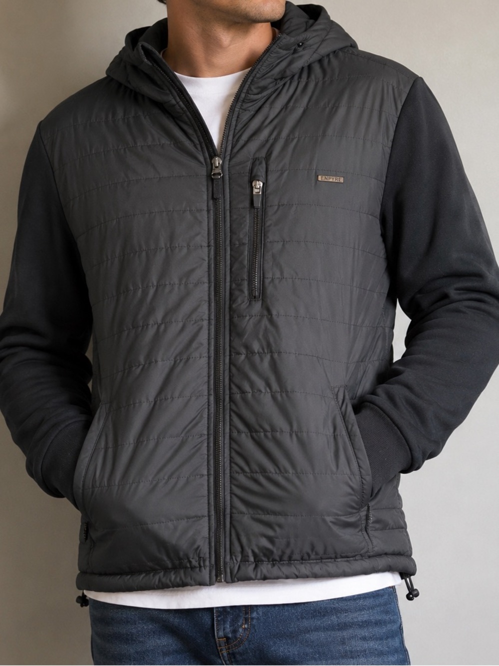 Empyre Black Quilted Hooded Jacket Full Zip Lightweight Men’s Size L